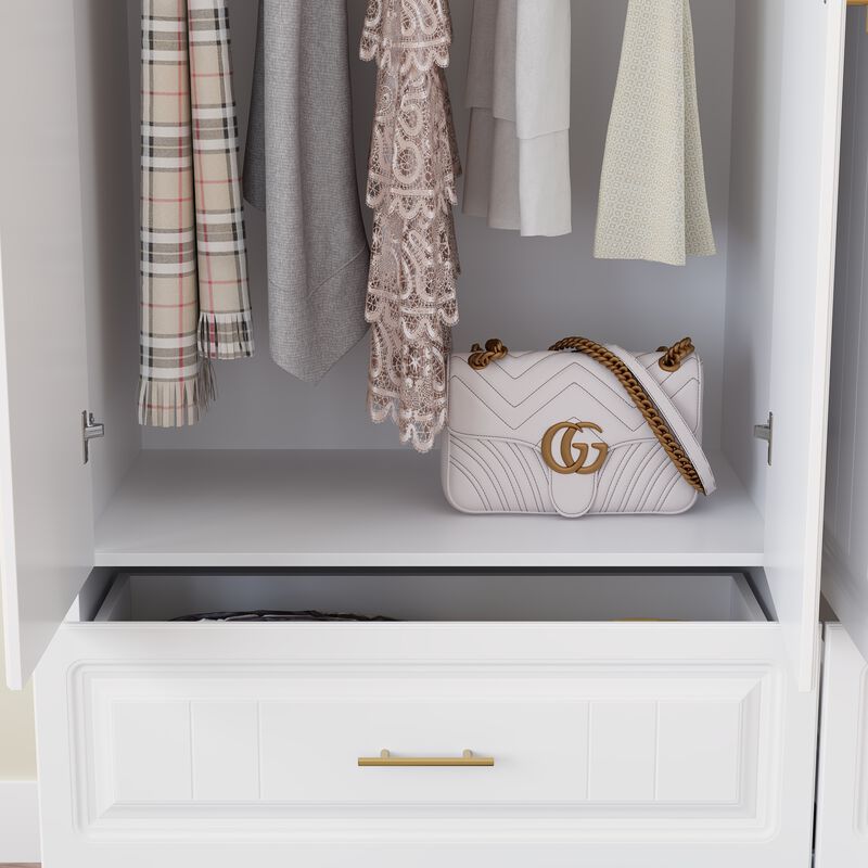 FUFU&GAGA 4-Door Wardrobe Closet with 4 Drawers, Cube Storage, and Hanging Rod - Coastal Style White Armoire Wardrobe Cabinet,(63" W x 20.6" D x 74.2" H),White