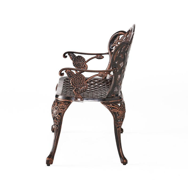Ornate Cast Aluminum Garden Bench with Lattice and Rose Embellishments