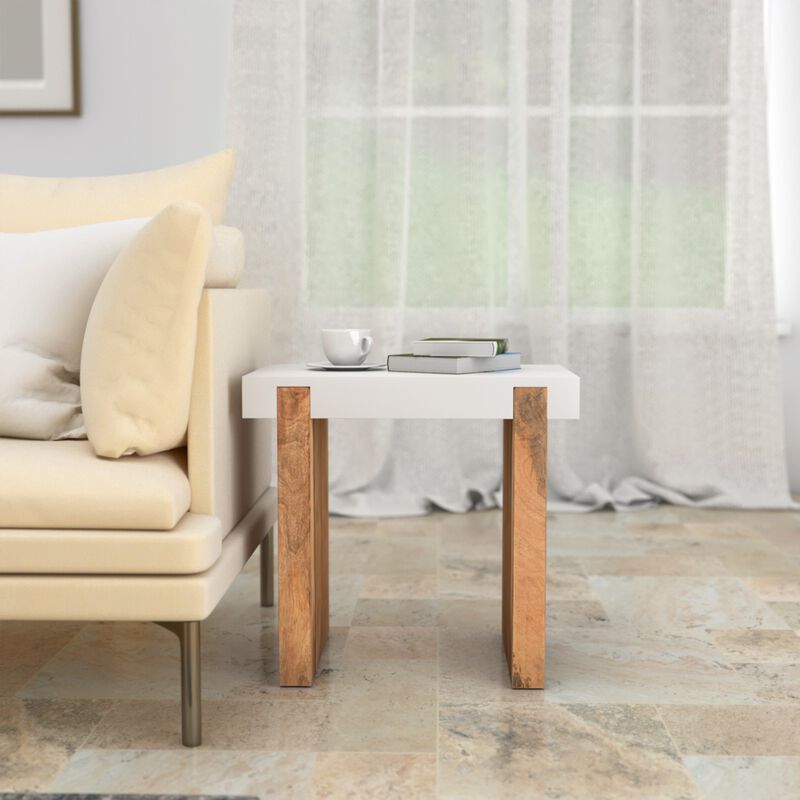 Kerry 20 Inch Rectangular End Side Table, Mango Wood, Sled Base, Glossy White, Natural Brown-Benzara