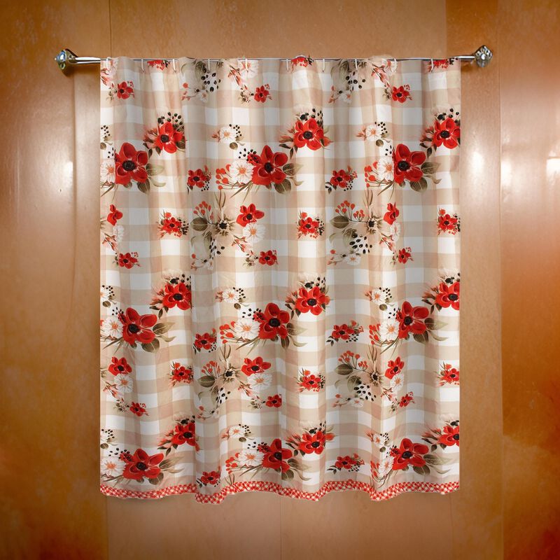 Lire 72 x 72 Inch Shower Curtain, Ruffled Rows, Floral Print, Multicolor - Benzara