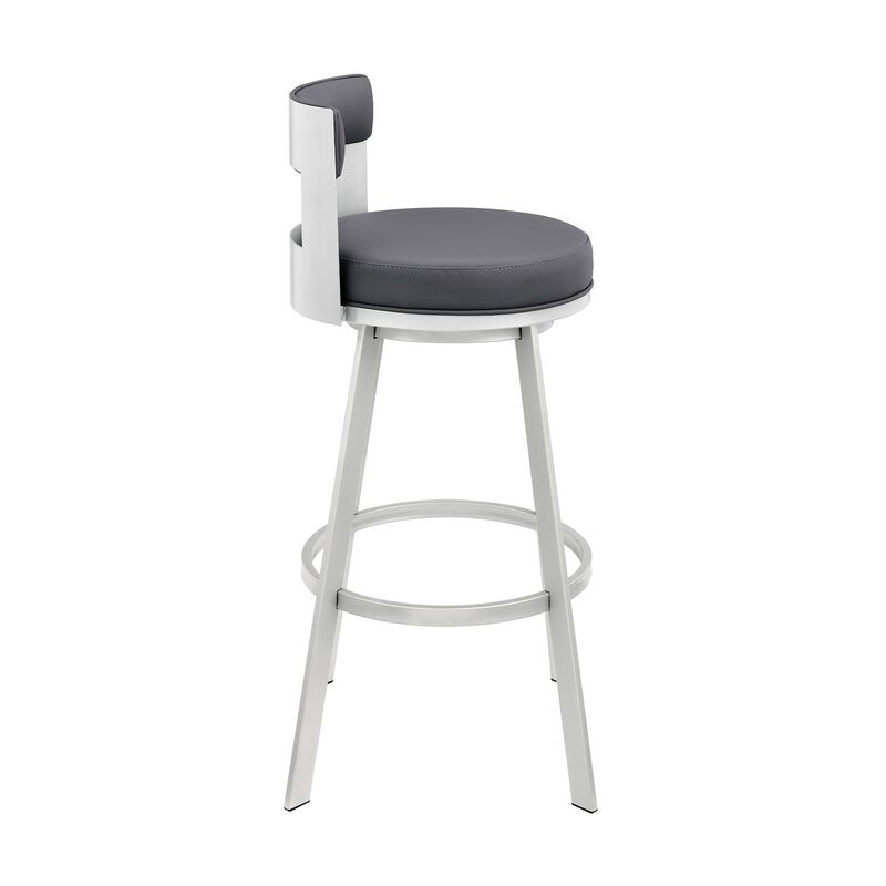 Ami 30 Inch Swivel Barstool Chair, Gray Faux Leather Open Back, Silver Base - Benzara
