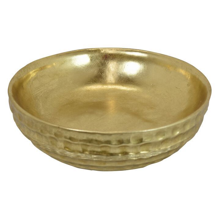 Round Tray with Hammered Accents, Vintage Details, 14 Inch Gold Resin - Benzara