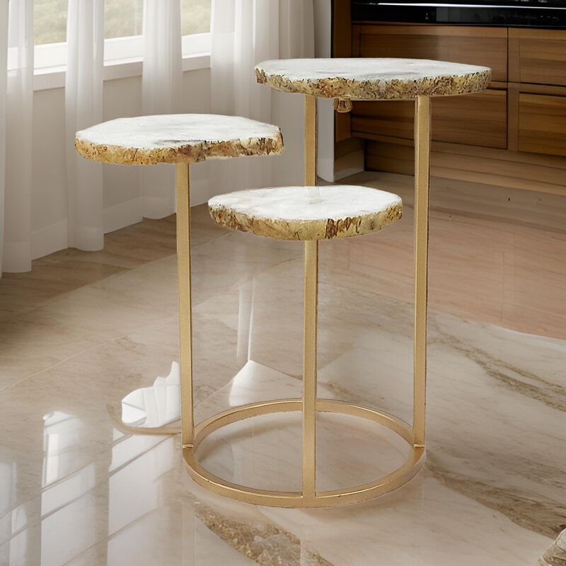 Benjara 18 Inch Accent Side Table, 3 Tier Design, Agate Top, Iron Base, White and Gold