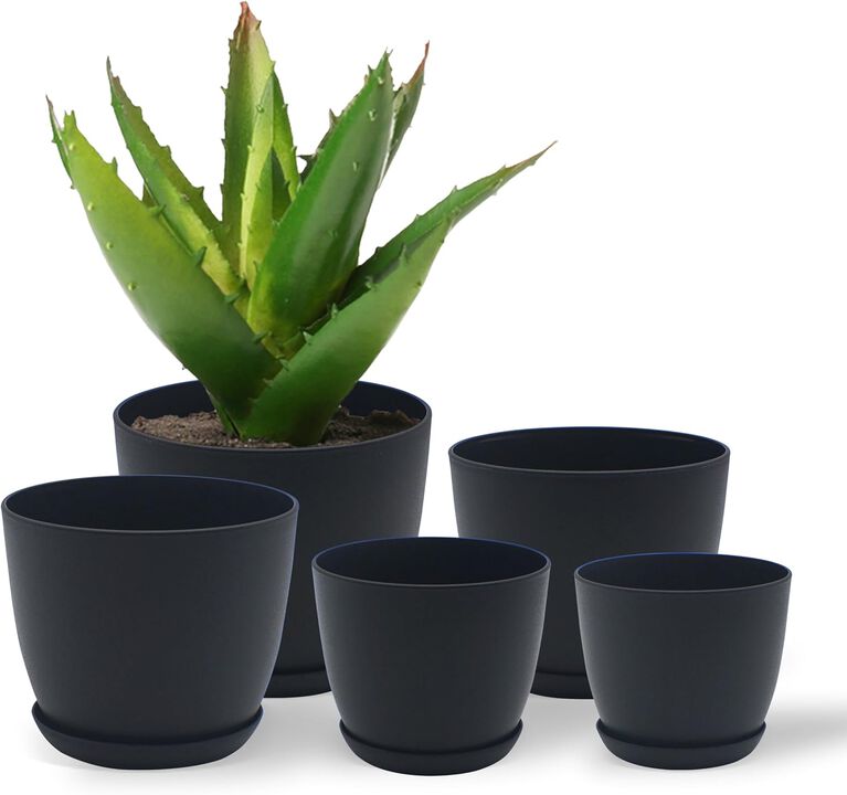 Campior Plastic Plant Pots with Drainage - Home Decor Flower Pot, Stackable Design for Indoor & Outdoor Use, Lightweight and Sturdy, Space-Saving, (7”, 6.6”, 6”, 5.3”, 4.8” Inches), Pack of 5, Black
