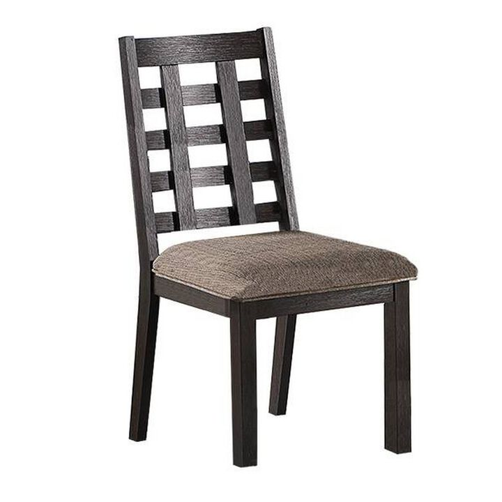 Trixy Dining Chair, Open Square Back, Espresso Wood, Beige Fabric - Benzara