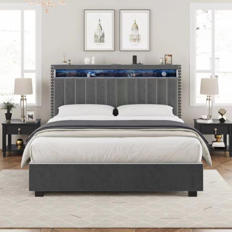Luxury Gas Lift Storage Bed With Rf LED Lights, Storage Headboard, King Size, Velvet Grey