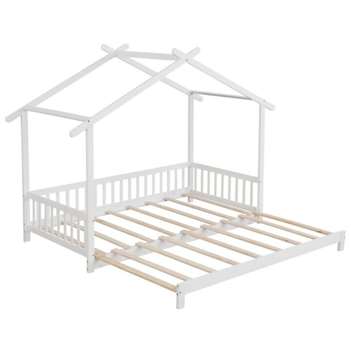 Hivvago Extendable House Bed Twin to King Daybed with Roof and Fence Rails