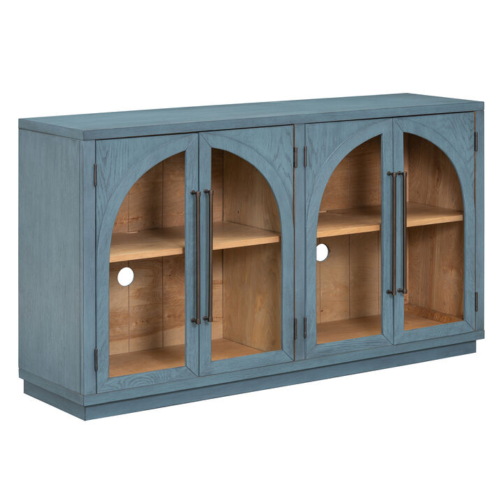 TREXM 4-Door Large Storage Sideboard Buffet Cabinet with Glass Doors, Arched Cabinet with Adjustable Shelves for Kitchen, Dining Room and Living Room (Navy)