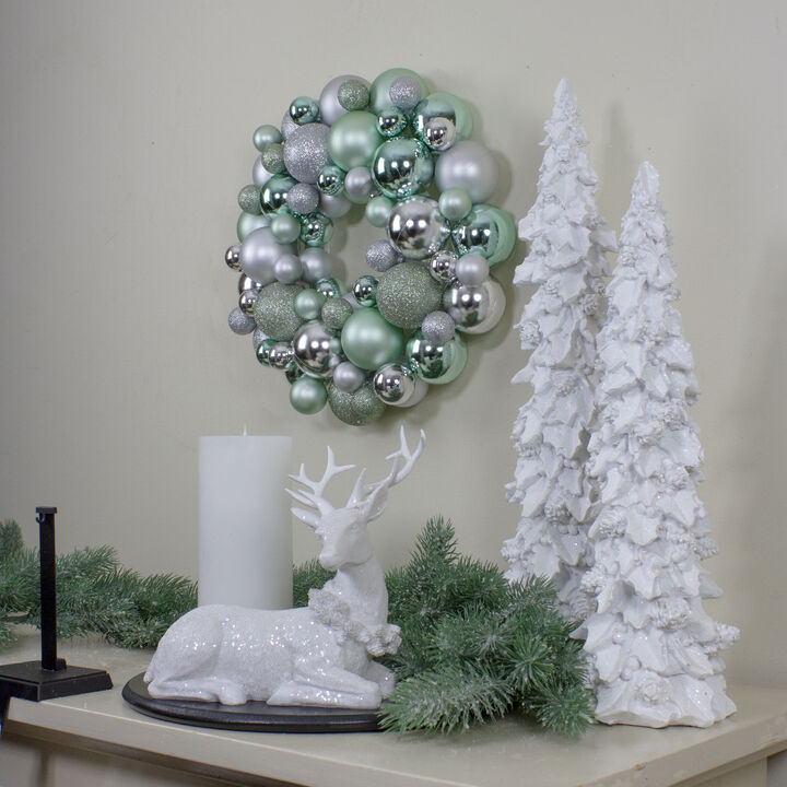 Silver and Seafoam Green 3-Finish Shatterproof Ball Christmas Wreath  13-Inch