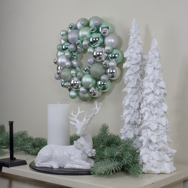 Silver and Seafoam Green 3-Finish Shatterproof Ball Christmas Wreath  13-Inch