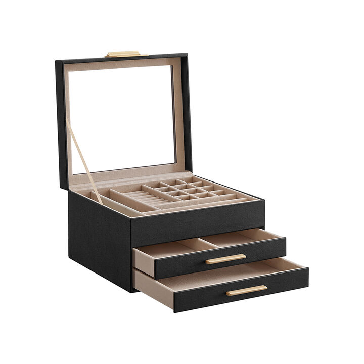 3-Layer Jewelry Box with Glass Lid and 2 Drawers - Perfect Gift for Loved Ones