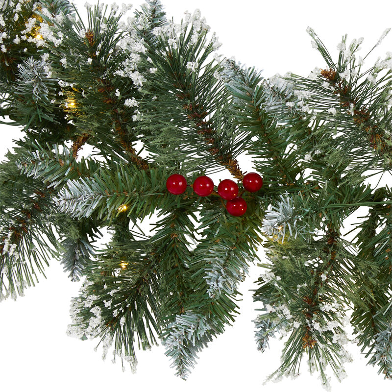 Hivvago 9" Frosted Swiss Pine Artificial Garland with 50 Clear LED Lights and Berries