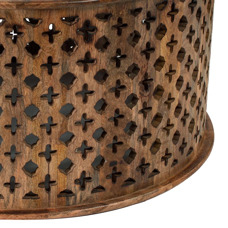 35, 34 Inch Coffee Table Set of 2, Mango Wood Lattice Design, Brown-Benzara