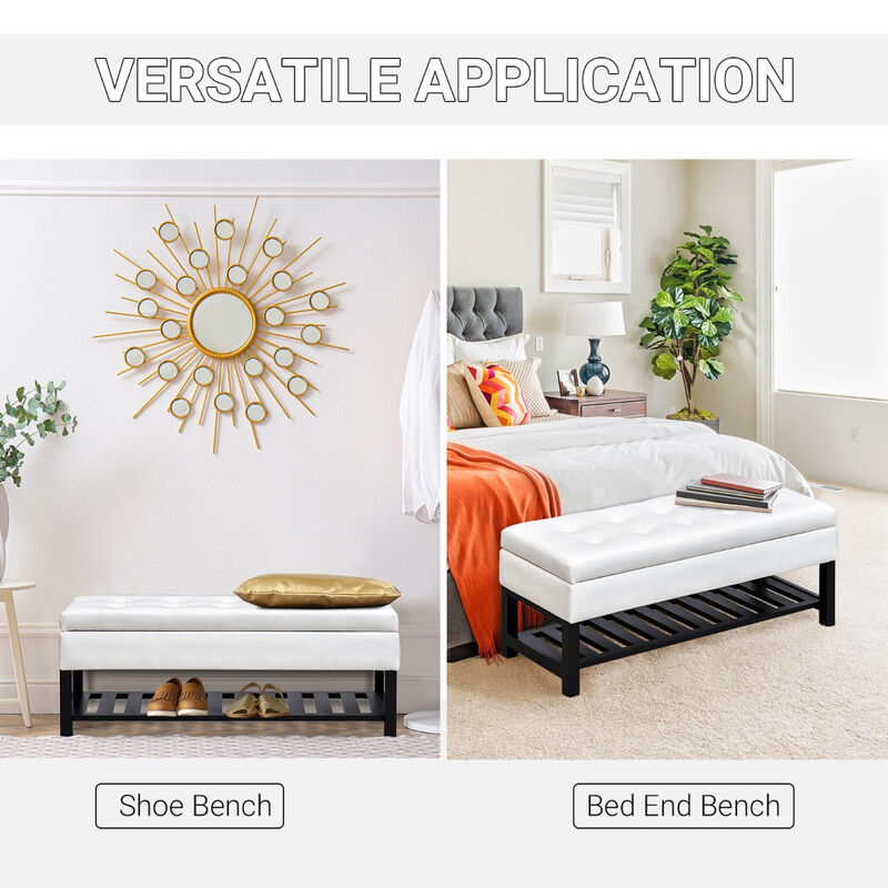 Versatile White Seat: 44" Tufted Faux Leather Ottoman with Shoe Storage