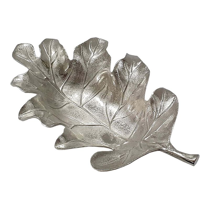22 Inch Modern Decorative Tray, Oak Leaf Design Striking Silver Metal Frame-Benzara