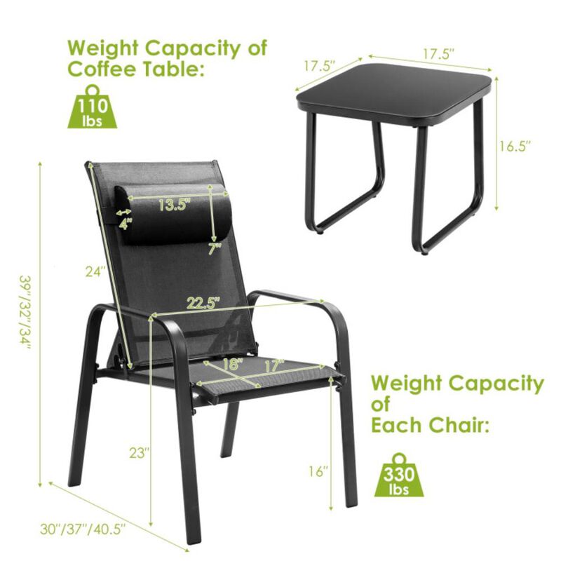 Hivvago 3 Pieces Stackable Patio Bistro Conversation Set with Adjustable Backrest