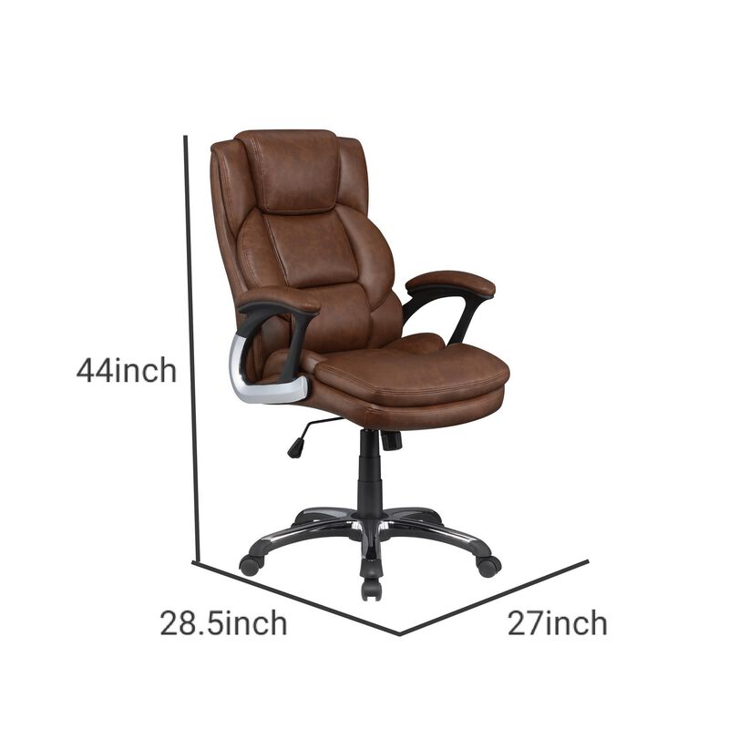 Leatherette Office Chair with Cushioned Back and Metal Star Base, Brown-Benzara