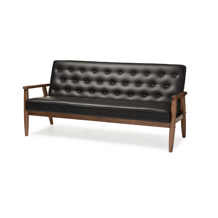 Baxton Studio Sorrento Mid Century Tan Faux Leather Upholstered Wood Sofa