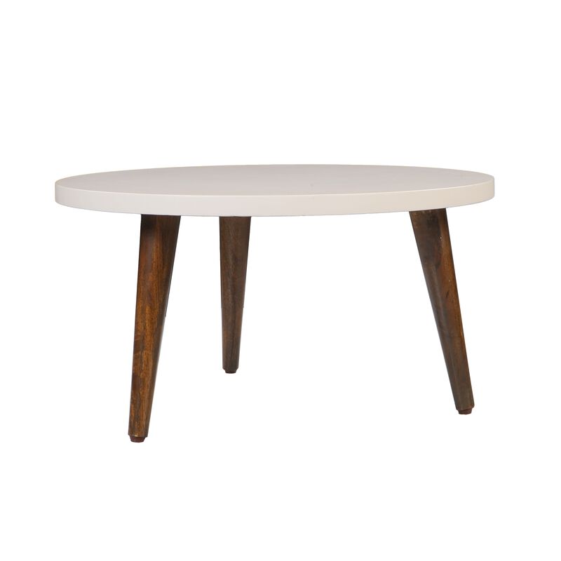 24 Inch Modern Coffee Table, Round Off White MDF Top, Tapered Brown Mango Wood Legs-Benzara