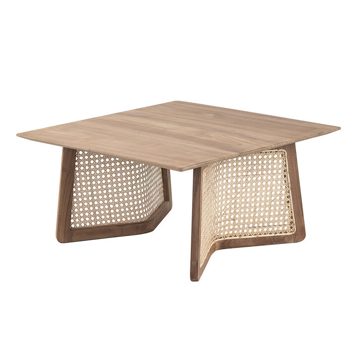 28 Inch Coffee Table, Square Top, Rattan Cane Base, Teak Wood, Brown  - Benzara