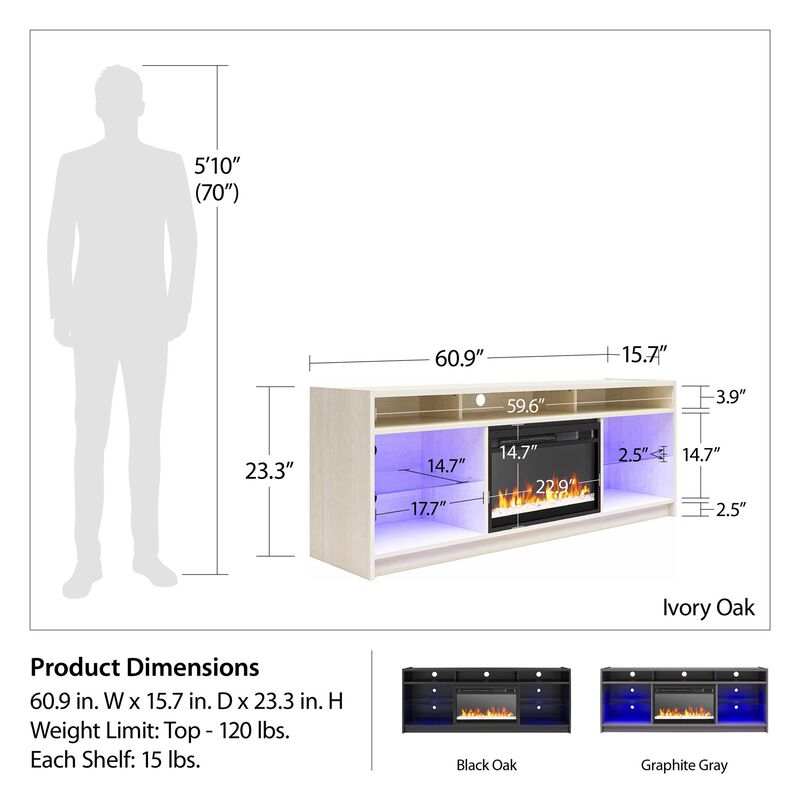 Ameriwood Home Luna Electric Fireplace Space Heater TV Stand for TVs up to 65", Graphite Gray