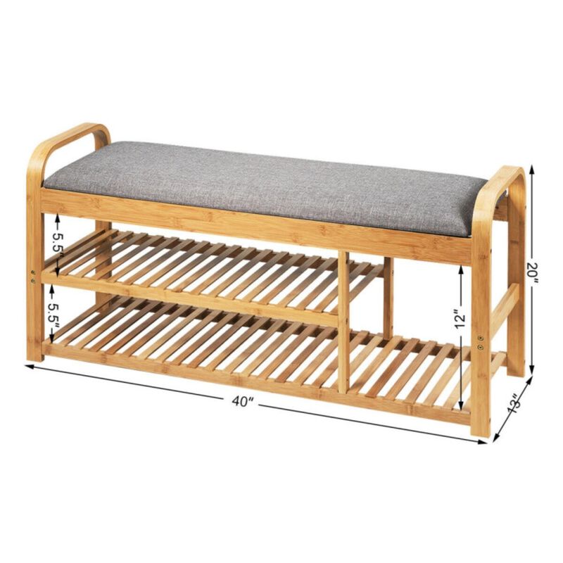 Hivvago 3-Tier Bamboo Shoe Rack Bench with Cushion-Natural
