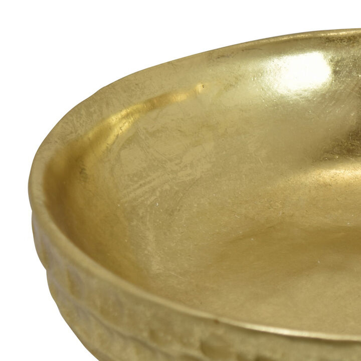 Round Tray with Hammered Accents, Vintage Details, 14 Inch Gold Resin - Benzara