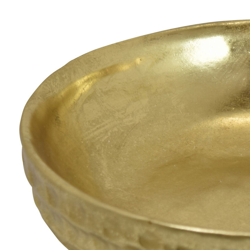 Round Tray with Hammered Accents, Vintage Details, 14 Inch Gold Resin - Benzara