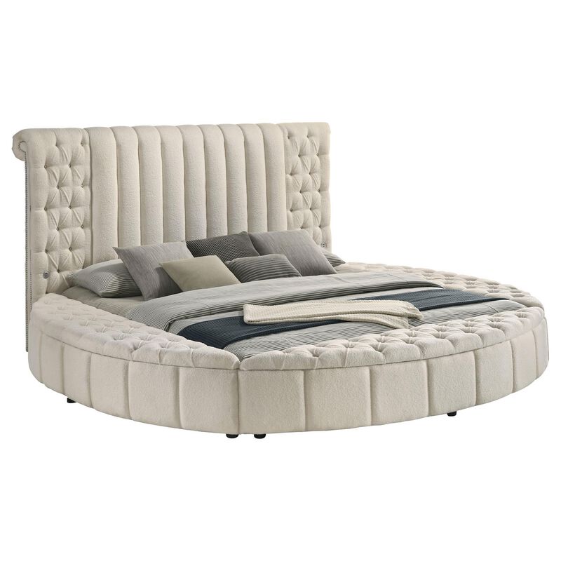 Neya King Round Bed with Storage, Wingback, Ivory Boucle Upholstery - Benzara
