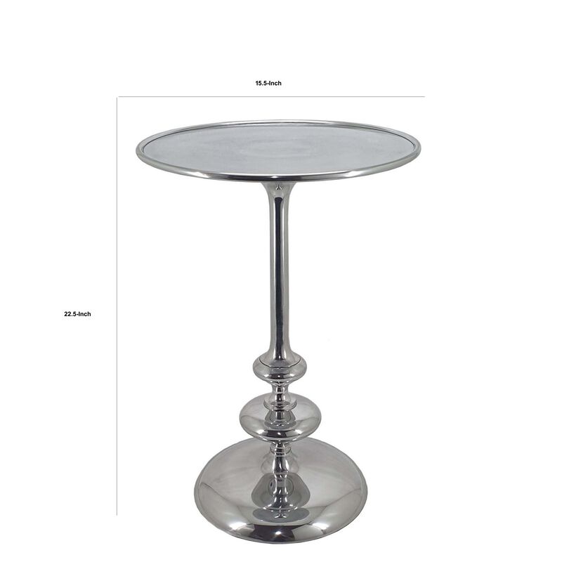 23 Inch Modern Aluminum Side Table, Round Tabletop and Base, Carved, Silver - Benzara