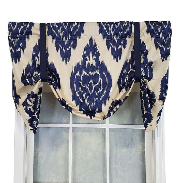 RLF Home Flame Large Damask Flame Design Tie-Up Window Treatment Valance 3" Rod Pocket 50" x 23" Navy Blue/Ivory