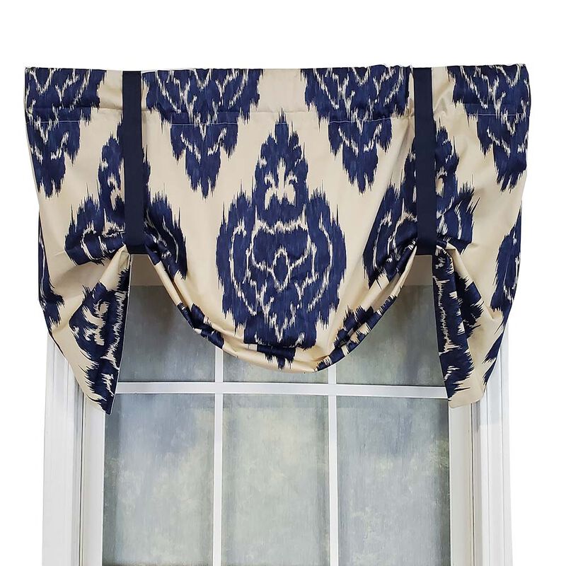 RLF Home Flame Large Damask Flame Design Tie-Up Window Treatment Valance 3" Rod Pocket 50" x 23" Navy Blue/Ivory