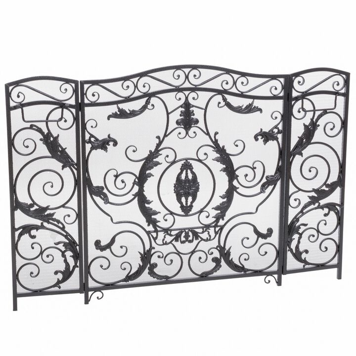 Fireplace Screen, Scrollwork Mesh Design, Iron w Black, Silver Finish -Benzara