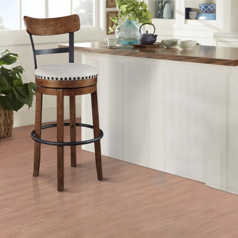 Zane 30 Inch Swivel Barstool, Round Cushioned Seat, Rich Brown Wood Frame-Benzara