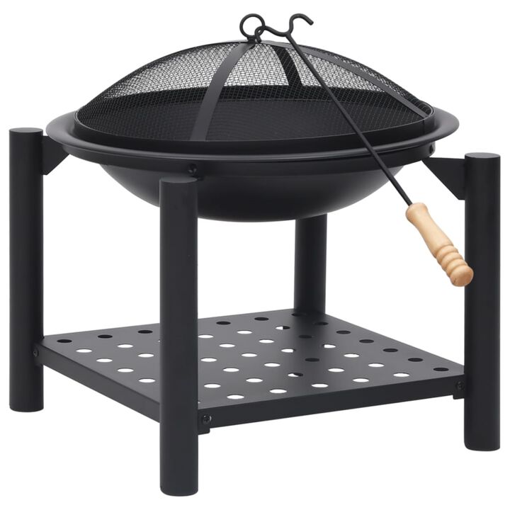 vidaXL Steel Fire Pit - Decorative Outdoor Patio, Garden Heating System with Bonus Poker, Enhanced Safety Features, Additional Storage Shelf, Scandinavian Style