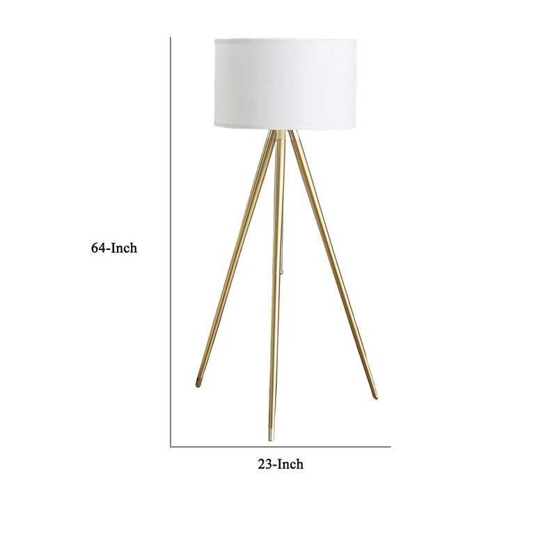 Kera Floor Lamp, White Drum Shade, Brass Gold Tripod Base 64 Inch  - Benzara