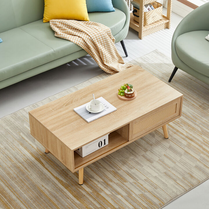 Rattan Coffee Table, Sliding Door For Storage, Solid Wood Legs, Modern Table For Living Room