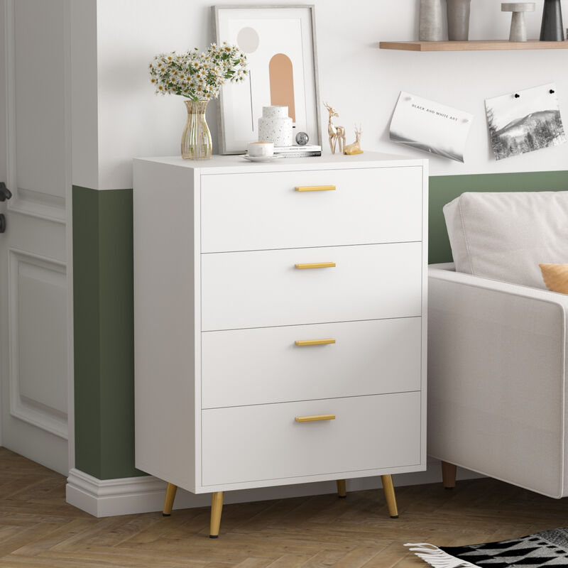 4-Drawers White Wood Chest of Drawer Accent Storage Cabinet Organizer with Metal Leg 37.5 in. Height