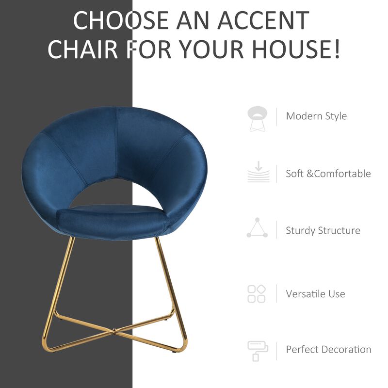 Blue Reception Elegance: Velvet Accent Chair with Gold Metal Legs