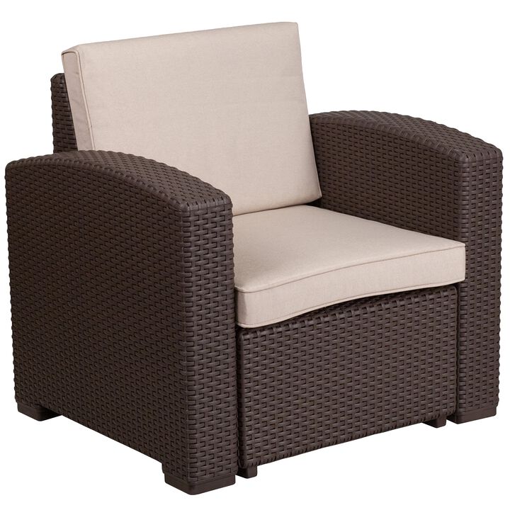 Flash Furniture Seneca Chocolate Brown Faux Rattan Chair with All-Weather Beige Cushion