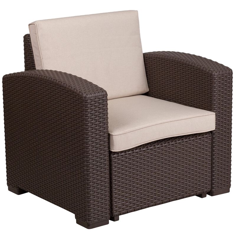 Flash Furniture Seneca Chocolate Brown Faux Rattan Chair with All-Weather Beige Cushion