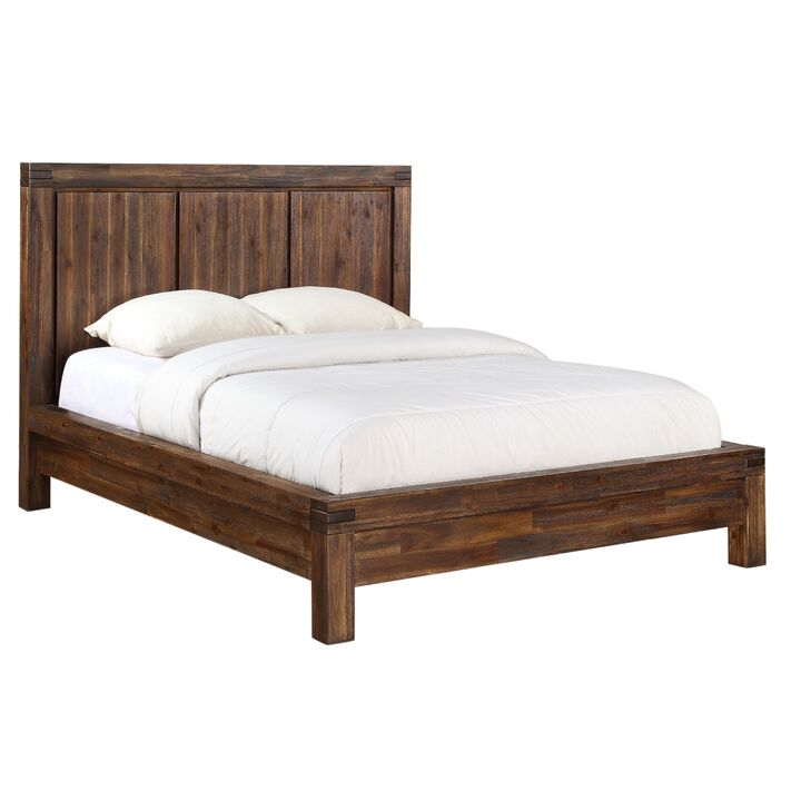 Pim Solid Acacia Wood Platform Queen Bed, Panel Headboard, Rustic Brown - Benzara