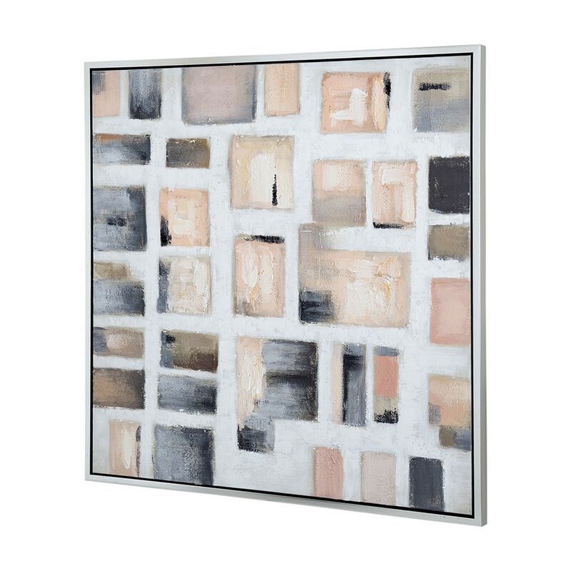 39 x 39 Framed Handpainted Wall Art, Cornerstone Square, Canvas, White Gray - Benzara