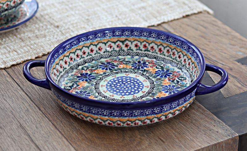 Blue Rose Polish Pottery Butterfly Small Round Baker with Handles