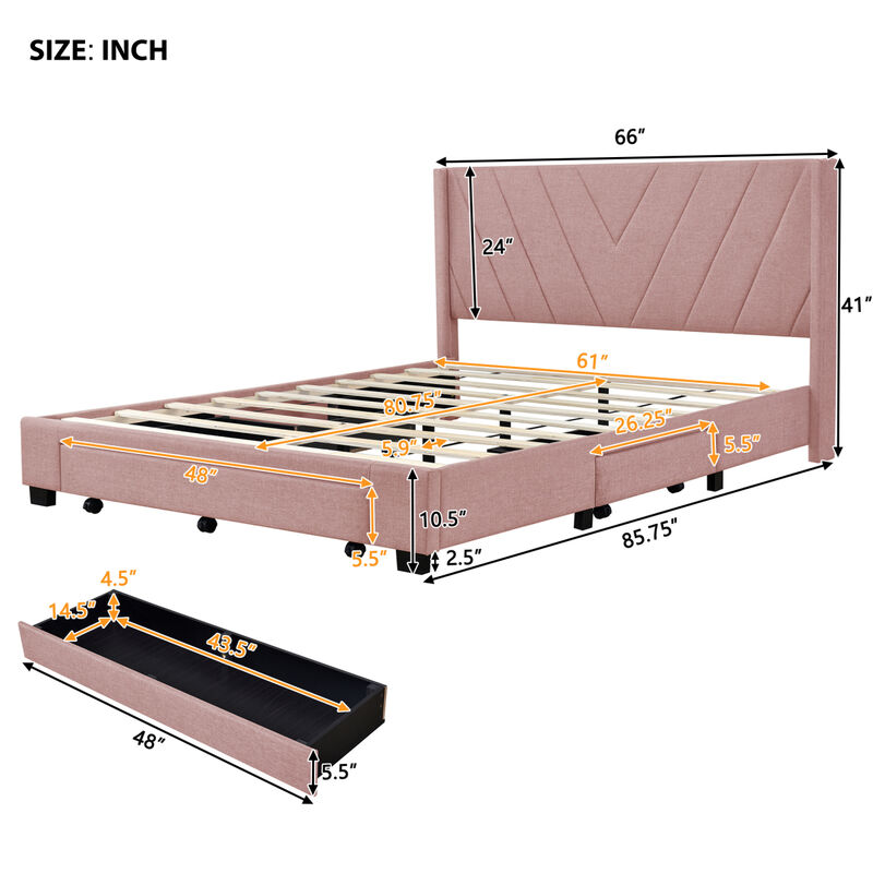 Streamdale Upholstered Storage Platform Bed with Drawers (Pink)