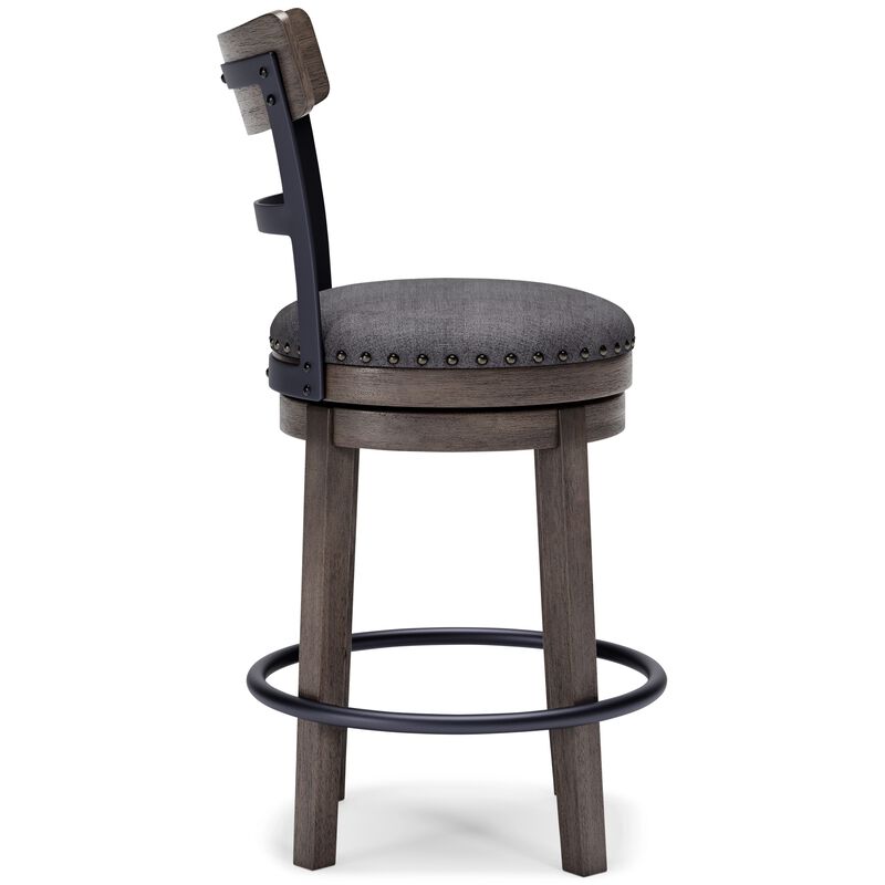Swivel Barstool with Nailhead Trim and Curved Panel Back, Gray-Benzara
