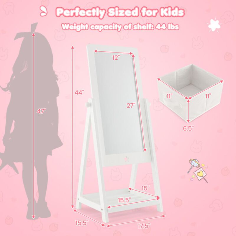 Hivvago Kids Full Length Wooden Standing Mirror with Bottom Shelf and Foldable Storage Bin-White