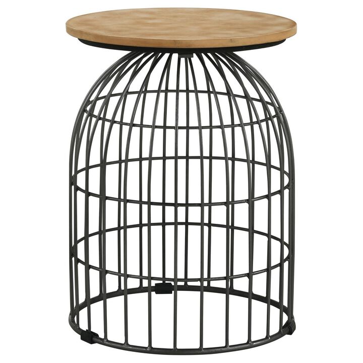 21 Inch Round Accent Table with Bird Cage Style Base, Beige Marble, Black - Benzara
