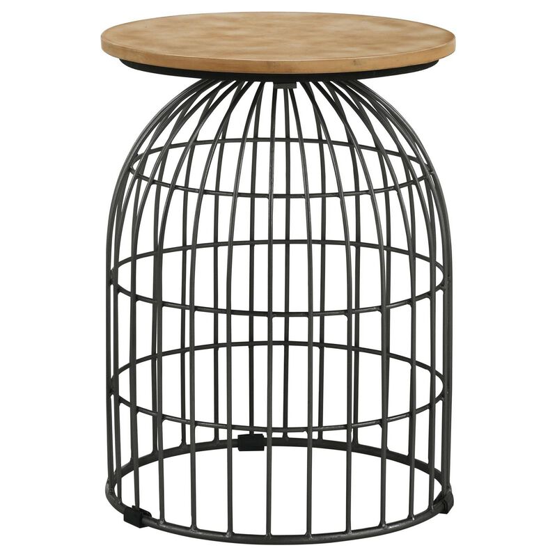 21 Inch Round Accent Table with Bird Cage Style Base, Beige Marble, Black - Benzara