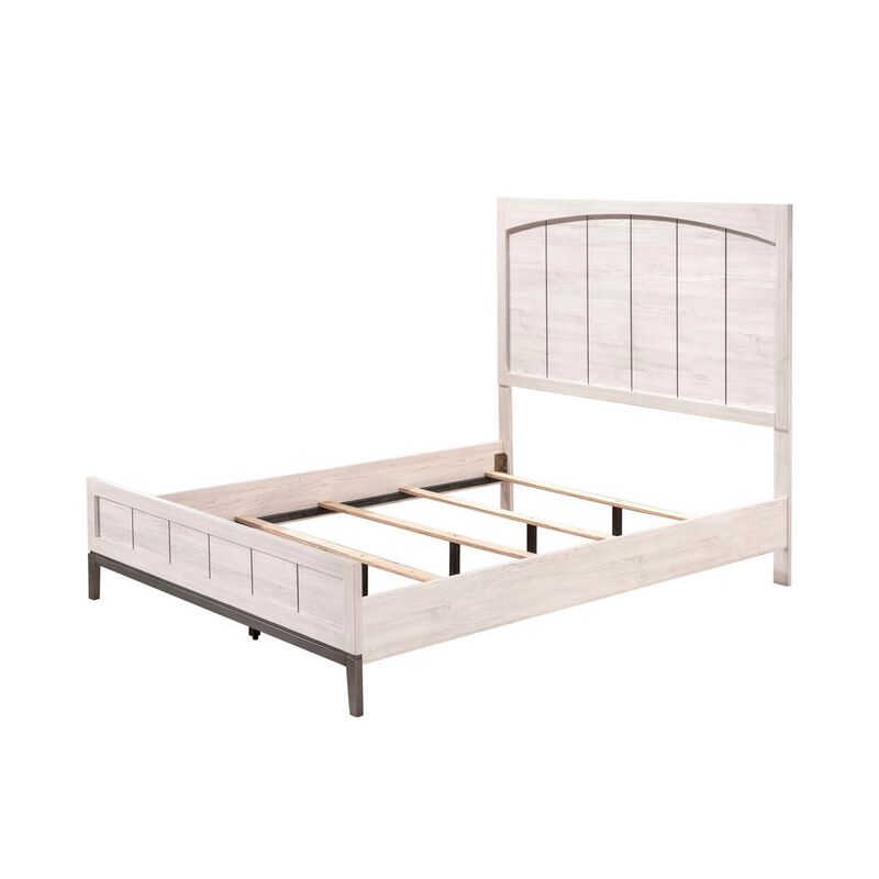 Benjara Vice Queen Size Bed, Panel Headboard Design, Washed Wood, Light Brown and Gray